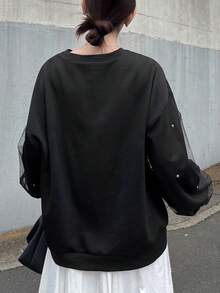 FRIFUL 女士圆领网眼拼接珍珠装饰加厚抓绒卫衣 - 黑色 - 查看 5