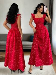 Elenzga 新款方领梭织印花短袖荷叶边露背优雅长裙，适合情人节、圣诞节、年轻女士穿着。 - 紅白色 - 查看 4