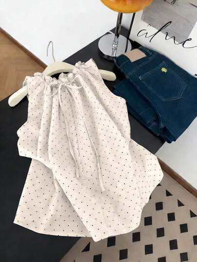 GlowEve Women's Casual Vacation Style Polka Dot Tie Front Sleeveless Shirt