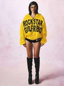 SUMWON WOMEN Oversized Hooded Sweatshirt With Zip Front And Bold Letter Graphics For Casual Comfort - Yellow - View 3