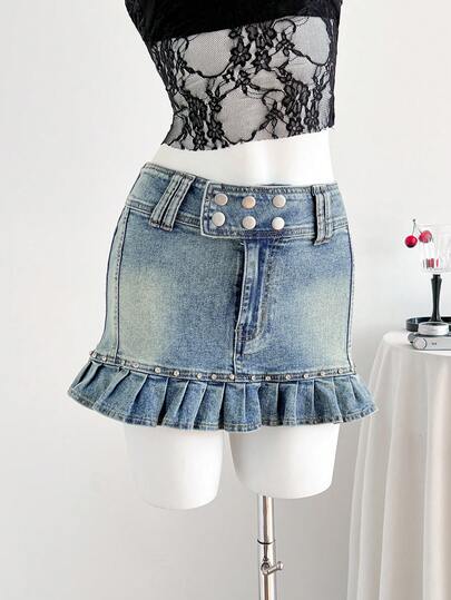 Elamini 女士时尚牛仔裙，纽扣腰部设计，荷叶边裙摆