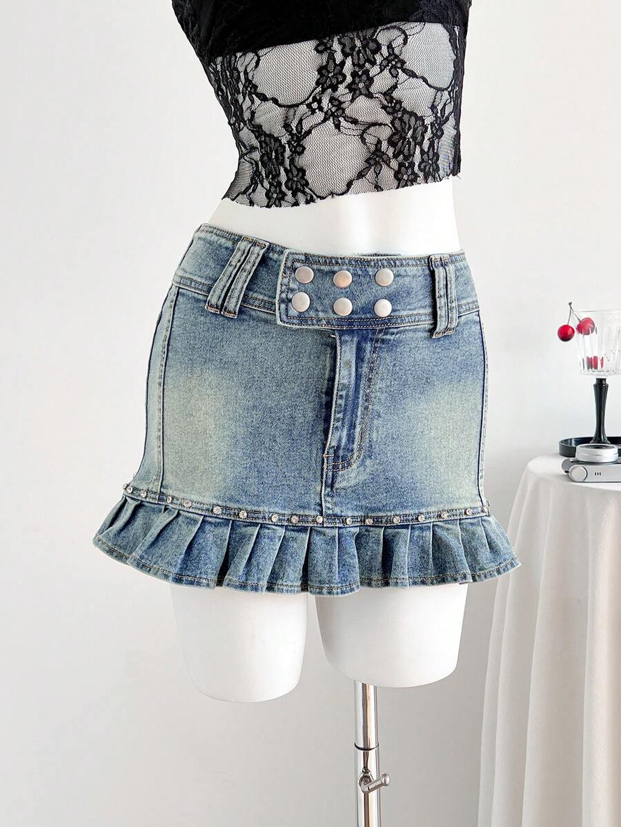 Elamini 女士时尚牛仔裙，纽扣腰部设计，荷叶边裙摆 - 藍色 - 查看 1