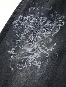 ROMWE MEN Goth Herren Lässige Denim Shorts mit Blume Muster und Tasche, locker geschnitten - Schwarz - Übersicht 5