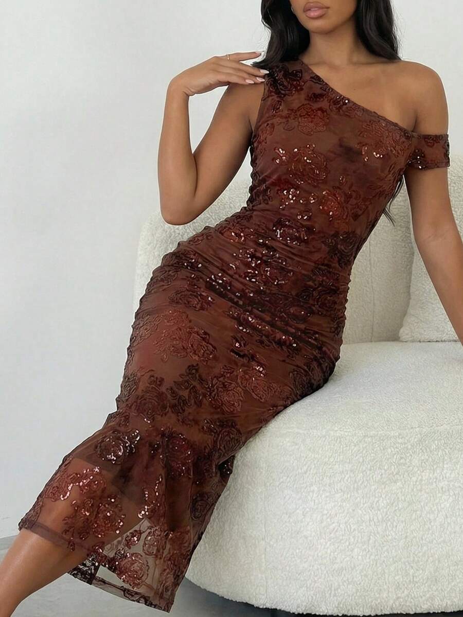 SHEIN Allurite Women's Elegant Sexy Velvet Floral Pattern Asymmetrical Shoulder Dress - Brown - View 1