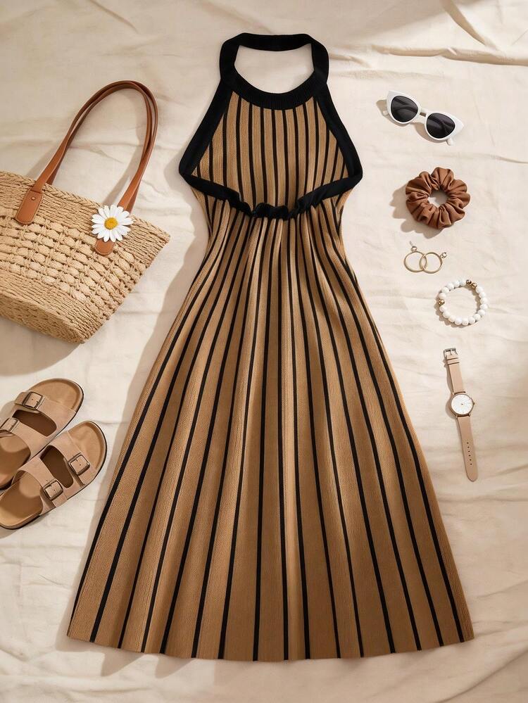 Breezaya Women Striped Halter Neck Sleeveless Fashionable Knitted Sweater Dress - Brown - View 2