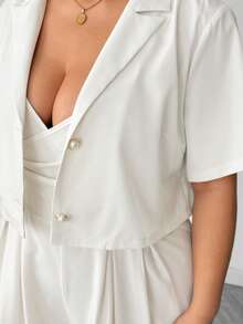 Elenzga 女士加大码翻领短袖珍珠纽扣短款外套搭配褶皱腰部连体裤，优雅两件套 - 杏色 - 查看 7