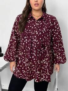 SHEIN CURVE+ 大码女式休闲灯笼袖印花衬衫，适合春、秋、冬三季穿着/秋季/冬季/2026/新年 - 酒紅色 - 查看 5