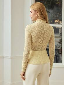 MOTF PREMIUM ELEGANT LACE LONG SLEEVE HIGH NECK SHEER CASUAL UNDERSHIRT FOR WOMEN - Light Yellow - View 3
