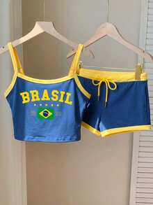 SHEIN EZwear Bộ đồ thể thao mùa hè dành cho nữ, áo croptop và quần short in chữ nhiều màu sắc cờ Brazil, hàng hóa dành cho người hâm mộ thể thao. - Nhiều màu - Xem 3