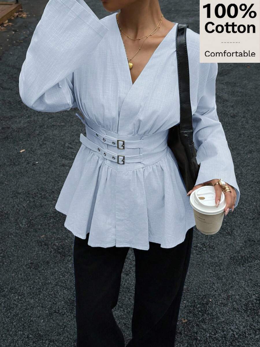 Siren Gaze 双排扣双收腰收腰长袖衬衫，柔软亲肤，适合工作或度假 - 淺藍色 - 查看 1