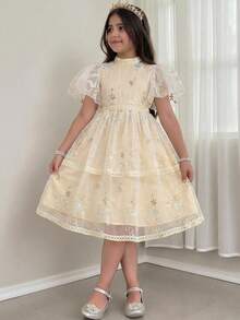 SHEIN Tween Girl Elegant Round Neck Ruffle Sleeve Lace Fabric Dress - Apricot - View 4