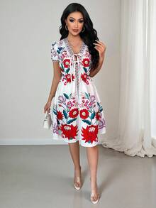 Vavine Women's V-Neck Tie Design Floral Print Casual Vacation Mini Dress, Spring/Summer - Multicolor - View 5