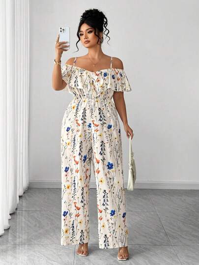 Elenzga جمبسوت نسائية أنيقة مطبوعة بزهور مع كشكشة على الكتف، مناسبة للمقاسات الكبيرة، قصة ضيقة، مناسبة للعمل، للربيع والصيف