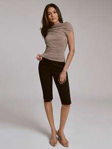 Hauture Women's Half Lined Mesh Jersey Off Shoulder Ruched Simple Sexy Elegant Top - Brown - View 4