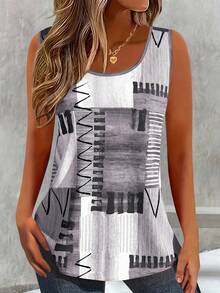 Plus Size Patchwork Printed Casual Crew Neck Sleeveless Top, Daily Wear Women Graphic Tee Top For Summer - Black and White - View 1