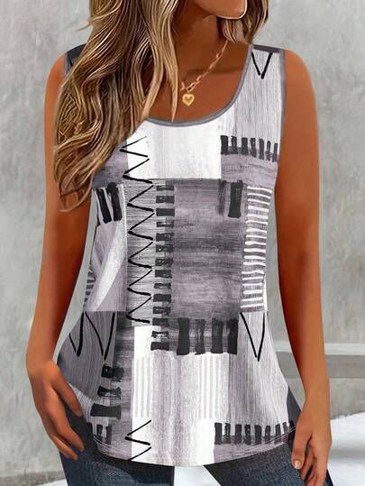 Plus Size Patchwork Printed Casual Crew Neck Sleeveless Top, Daily Wear Women Graphic Tee Top For Summer