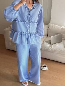 DAZY 格子荷叶边灯笼袖宽松女士睡衣套装 - 藍色 - 查看 4