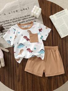 SHEIN Vintaside Kids Bộ đồ 2 món cho bé trai/bé gái: áo thun gân phối màu tương phản và quần dài màu xanh dương, trang phục thường ngày thoải mái, đa năng, phù hợp cho các dịp hè. - Màu Khaki - Xem 3