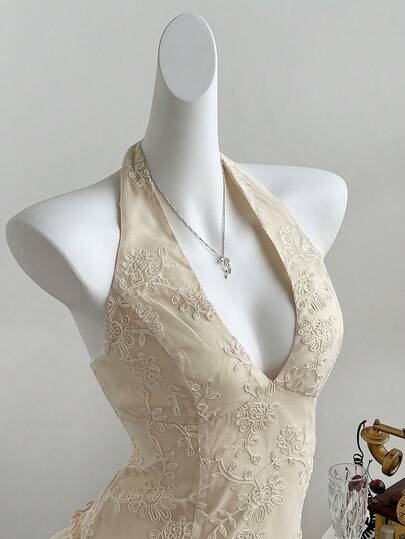 Elamini Vestido de verano para mujer con cuello halter, volantes y bordado floral romántico