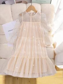 Robe décontractée de style princesse à manches longues pour préadolescentes, avec décoration de perles rondes, de paillettes et de maille, de couleur rouge - Nude - Voir 3