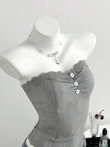 Elamini 女士夏季休闲黑色格子拼接蕾丝边修身抹胸上衣 - 灰色 - 查看 3