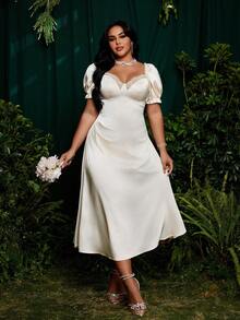 French Elegant Lace Trim Puff Sleeve Satin Midi Bodycon Dress - Apricot - View 8