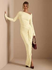 SHEIN BAE 纯棕色秋冬针织连衣裙，斜肩设计，腰部褶皱，侧边系带，优雅妩媚，适合派对、浪漫约会、鸡尾酒会、伴娘礼服、晚宴外出以及秋冬季叠穿等场合。 - 黃色 - 查看 4