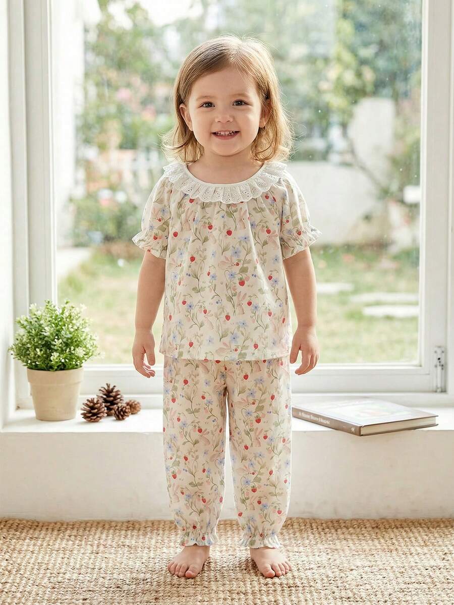Young Girl Floral Print Ruffle Trim Puff Sleeve Top And Pants Pajama Set Toddler Sleepwear Girls Pajama Set Summer Sleepwear Sets Pyjama Set For Girls - Multicolor - View 1