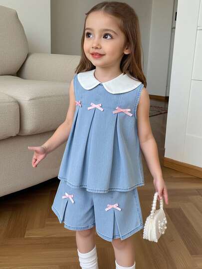2pcs/Set Toddler Girls' Pink Bow Accent Blue Denim Sleeveless Contrast Collar Ruffle Hem Top And Shorts Set,Summer Outfits,Casual And Fashionable Vacation Outfits,Street Wear,2000s Style ,Comfortable And Soft Denim,Comfortable And Soft Denim Shorts, Summer Denim Set