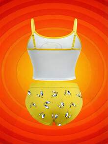 LOONEY TUNES X SHEIN Plus Size Women Cute Cartoon Pattern Contrast Binding Cami Top & Briefs Set - White - View 2