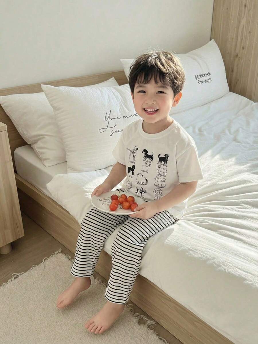 幼儿男童时尚卡通小狗印花圆领韩版短袖T恤和宽松条纹直筒裤睡衣套装 - 白色 - 查看 1
