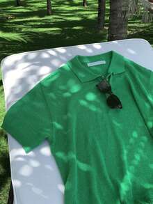 DAZY 男士纯绿色 Polo 领短袖针织衫，夏季 - 綠色 - 查看 8