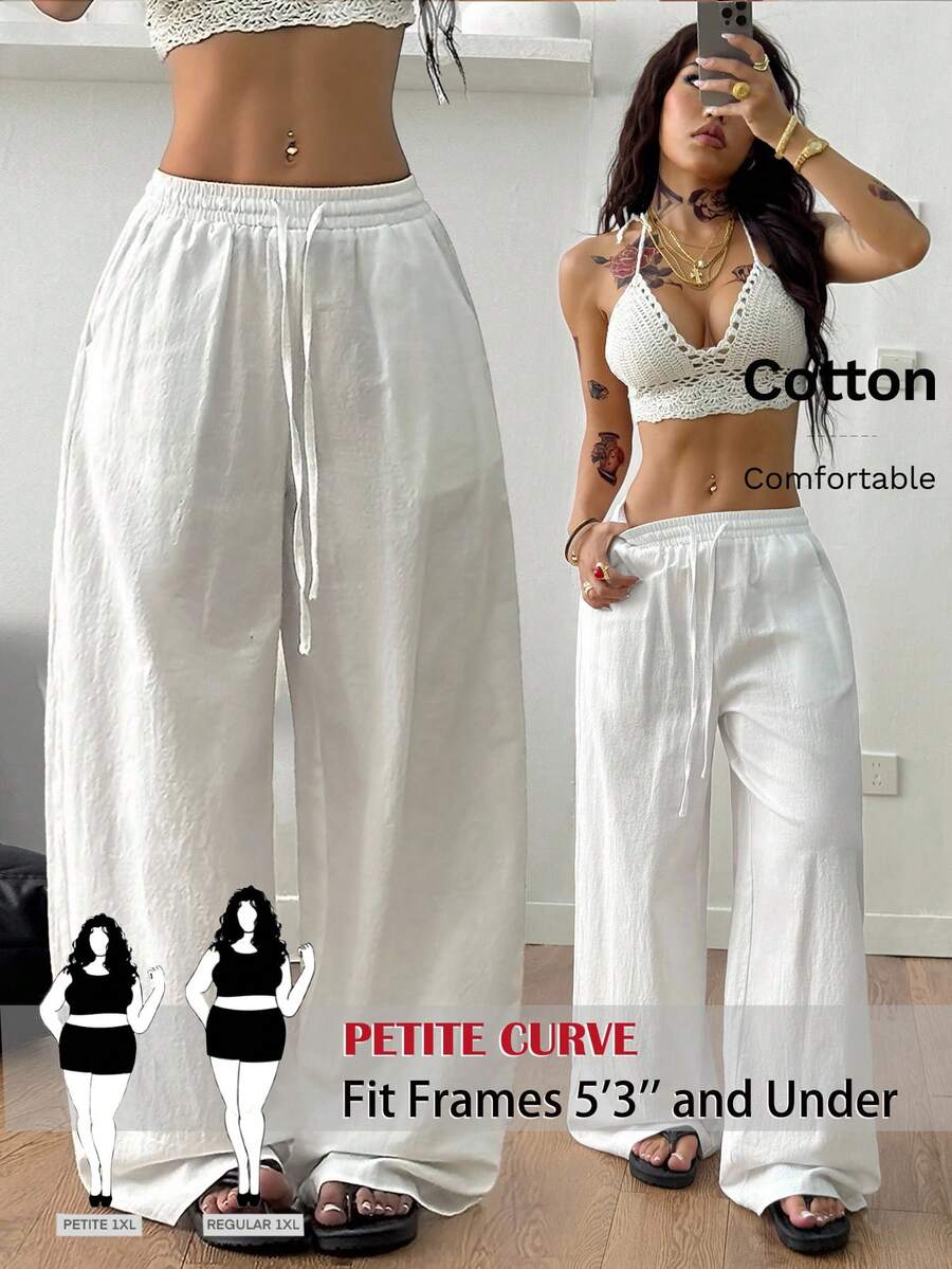 SHEIN PETITE CURVE Novo Tamanho Plus Size Calças Casuais de Perna Larga com Bolsos para Mulheres Petite e Meninas, Cintura Alta Deixa Você Mais Magra e Suas Pernas Mais Longas, Adequado para Mulheres Petite. Adequado para Todas as Estações e Ocasiões, Adequado para Meninas e Mulheres Petite, Calças de Verão, Conjuntos de Verão, Conjuntos de Férias de Verão, Calças de Verão Longas para Mulheres, Conjunto de Primavera, Calças de Perna Larga, Calças de Escritório, Calças Marrons, Calças Elegantes, Calças Casuais, Calças de Cintura Alta Modeladoras de Perna Larga para o Verão, Calças Elegantes para Cerimônia Feminina, Calças Elegantes para Festa, Calças Elegantes para Senhoras, Calças Elegantes Longas, Looks de Férias para Mulheres, Looks de Férias de Verão, Looks Casuais para Mulheres - Branco - Visão 1