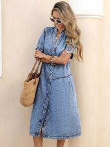 Selianne Women's Casual Vacation & Commute Notch Neck Pleated Loose Denim Dress, Summer - Medium Wash - View 6