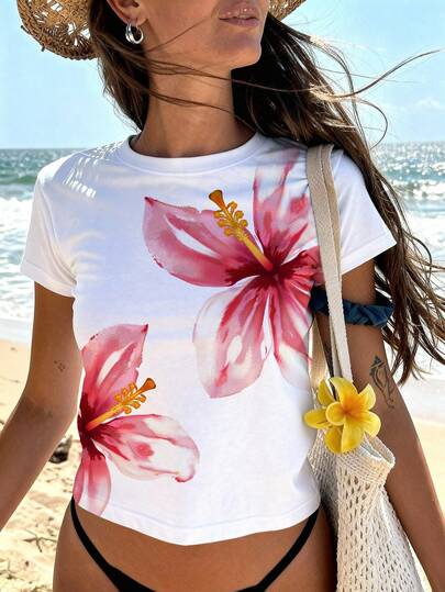 Sundraya 2026 Summer Tropical Hibiscus Print Crop Top Women White Crew Neck Short Sleeve Slim Fit Y2K Beach Vacation Graphic Tee