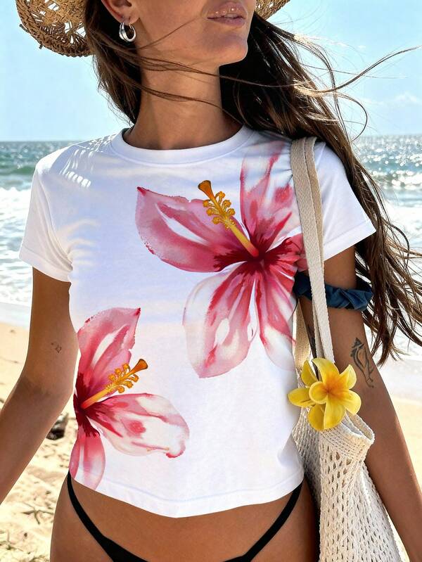 Sundraya 2026 Summer Tropical Hibiscus Print Crop Top Women White Crew Neck Short Sleeve Slim Fit Y2K Beach Vacation Graphic Tee