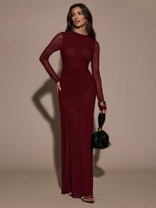 SHEIN BAE 女士纯色网纱拼接修身优雅长袖连衣裙 - 酒紅色 - 查看 3
