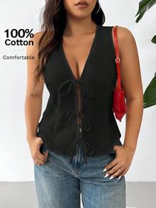 SHEIN EZwear Camisa sin mangas de unicolor de verano informal de talla grande con cordón - Negro - Ver 7