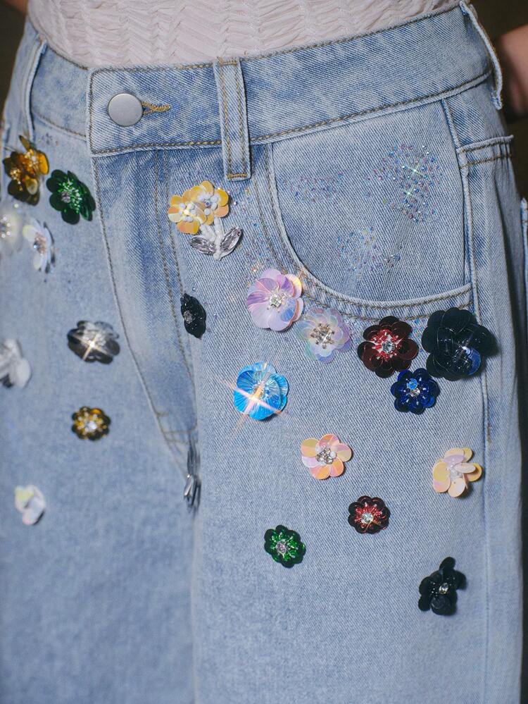 Anewsta Jeans rectos de fiesta y vacaciones de mujer con flores románticas, brillantes y coloridos de estilo glamoroso y sexy - Azul - Añade 3