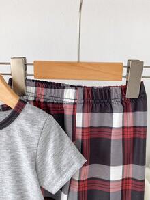 2pcs Baby/Toddler Boys' Casual Gray Short Sleeve Top And Plaid Print Pants Set, Summer Pajamas - Grey - View 8