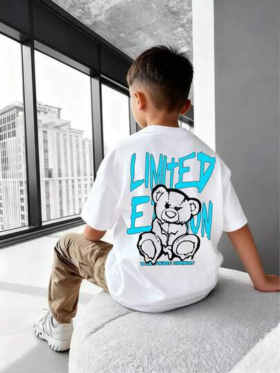 Camisetas impresas para niños de 4 a 16 años para niños y niñas 1Unidades Camisetas Niños y Niñas de Algodón Bamboo Hipster con Diseño de Oso Limited Edition, Tejido Hipoalergenico y Absorbente de Humedad, Ideal para Viajes Cortos, Comidas Familiares y Días de Playa en Verano