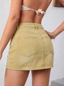 Minifalda de mezclilla lavada y rasgada de verano casual para mujer - Caqui 2 - Ver 5