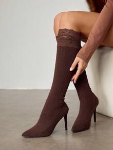 CUCCOO SZL Women's Contrast Lace Ribbed Elegant Pointed Toe Over-The-Knee High Heel Boots, Suitable For Daily Wear Valentine's Day - Chocolate Brown - View 9