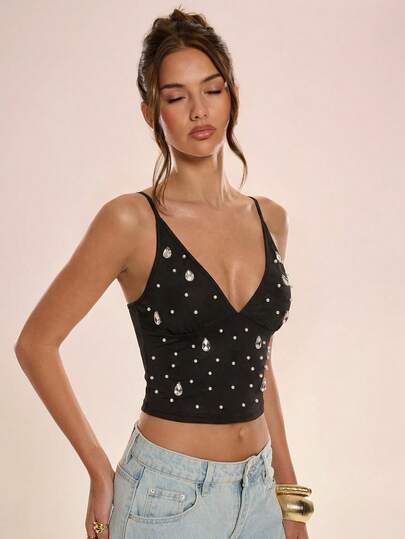 Avenya Women's Sleeveless Deep V-Neck Tank Top With Rhinestone Decoration