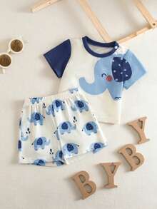 SHEIN Newborn Baby Cute Elephant Print Short Sleeve T-Shirt & Floral Shorts Set, Summer - Navy Blue - View 3