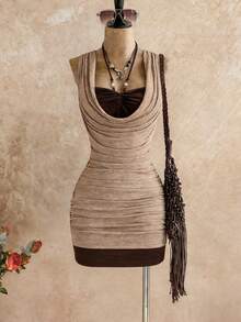 SHEIN Unity Đầm nữ màu nâu thanh lịch, thoải mái, kiểu dáng retro, thích hợp cho kỳ nghỉ, đi biển, hàng mới về mùa xuân/hè. - màu nâu - Xem 1
