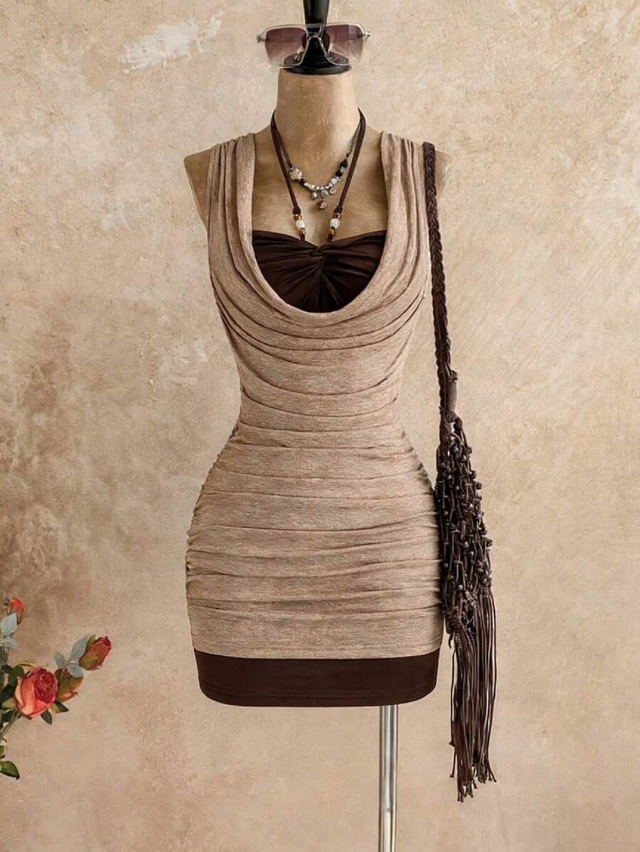 SHEIN Unity Đầm nữ màu nâu thanh lịch, thoải mái, kiểu dáng retro, thích hợp cho kỳ nghỉ, đi biển, hàng mới về mùa xuân/hè. - màu nâu - Xem 1