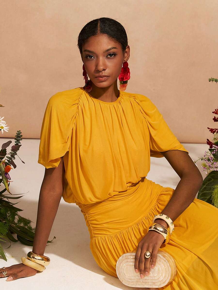 Zivah 2026 Spring/Summer New Arrival Romantic, Music Festival, Easter, Western, Boho, Nashville Inspired Round Neck Puff Sleeve Cinched Waist Dress With Pockets, Ruched Hem A-Line, Mesh Sheer, Fully Lined, Pale Yellow - Pale Yellow - View 1