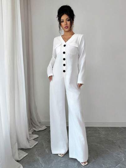 SHEIN Elenzya Mono largo casual de mujer con diseño de bolsillo y botones en escote en V, estilo minimalista para ir al trabajo, vacaciones, compras, uso diario, primavera/verano