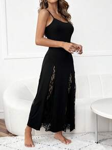 Slumberist Camisón largo de pijama con inserto de encaje - Negro - Ver 3